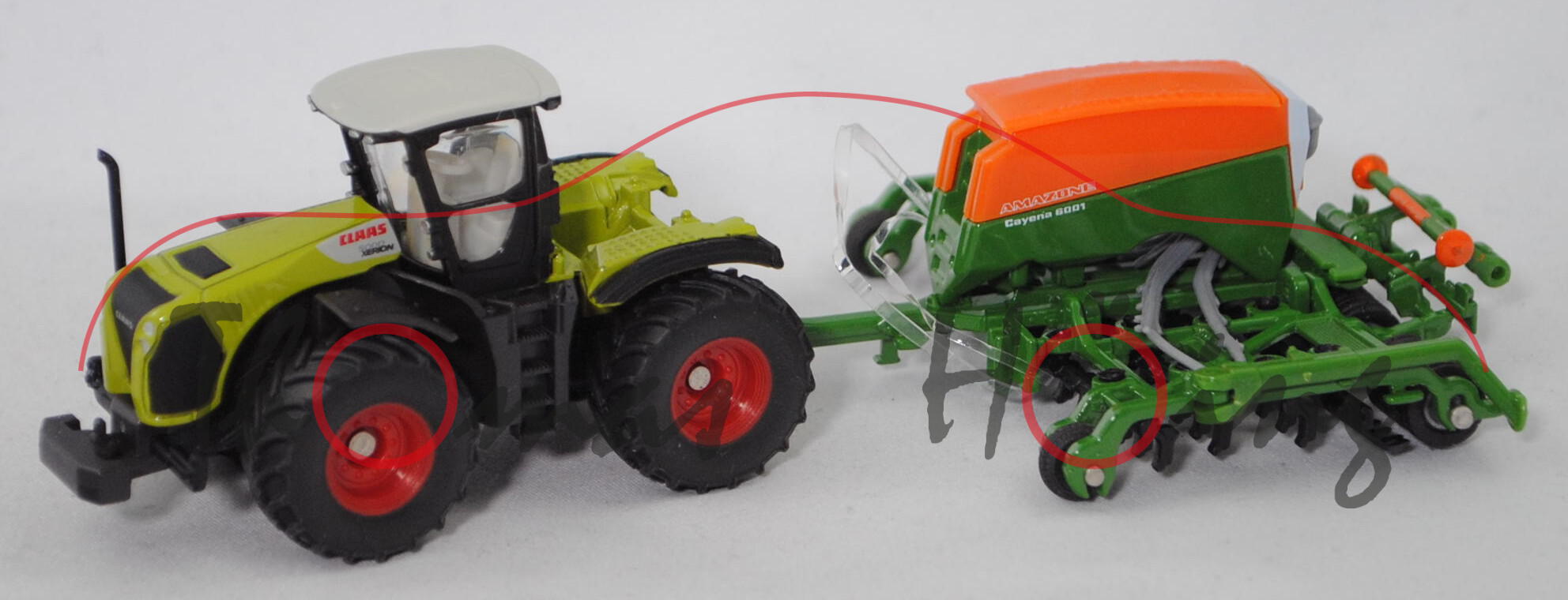 00000 Claas Xerion 5000 mit Sämaschine Amazone Cayena 6001, grau/grün + grün/orange, 1:87, L17mpK