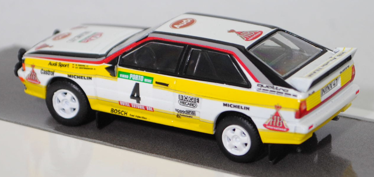 Audi quattro A2 Gruppe B (R1, Homologationsnummer B-243, Modell 1983-1984), weiß, 18. Rallye Portugal 1984, Nr. 4, Walter Röhrl / Christian Geistdörfer, Schuco, 1:64, mb