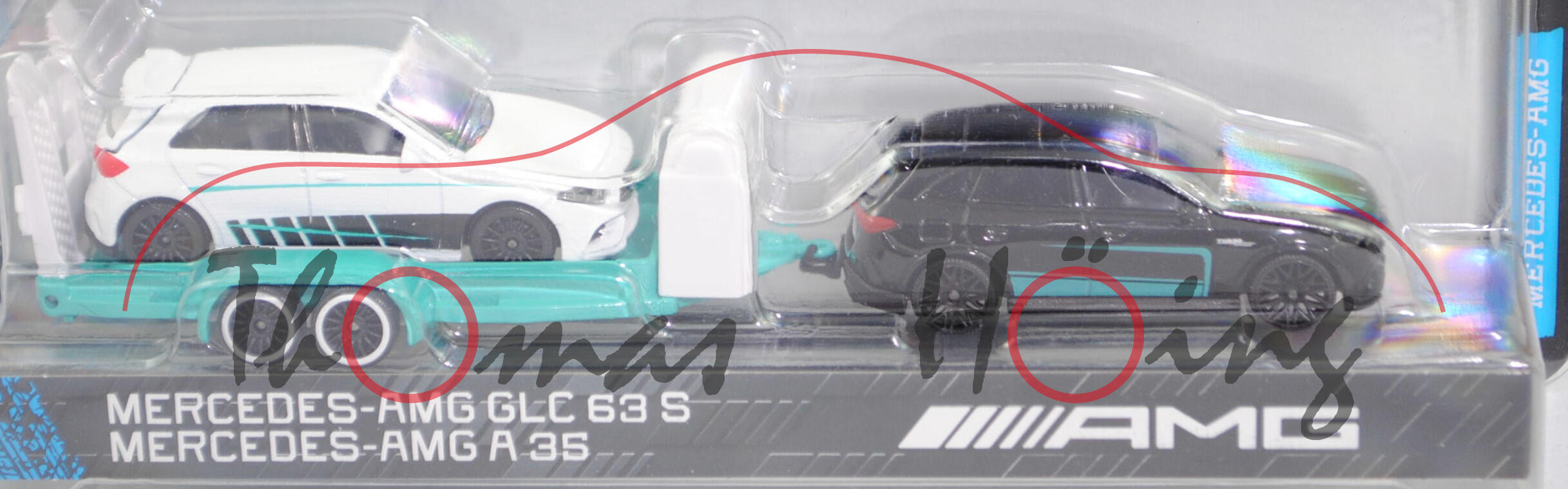 Mercedes-AMG GLC 63 S E PERFORMANCE Premium (Mod. 23-) mit Autotransporter und Mercedes-AMG A 35 4Matic (Mod. 18-22), schwarz + h.-türkisblau/weiß + weiß, majorette, Blister
