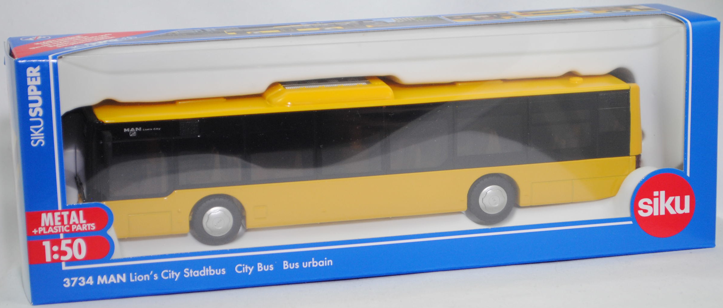 00008 MAN Lion's City Solobus mit 3 Türen (Niederflurbus Typ A37, Modell 2004-2009) (Stadtbus), verkehrsgelb, SIKU, 1:50, L17mpK