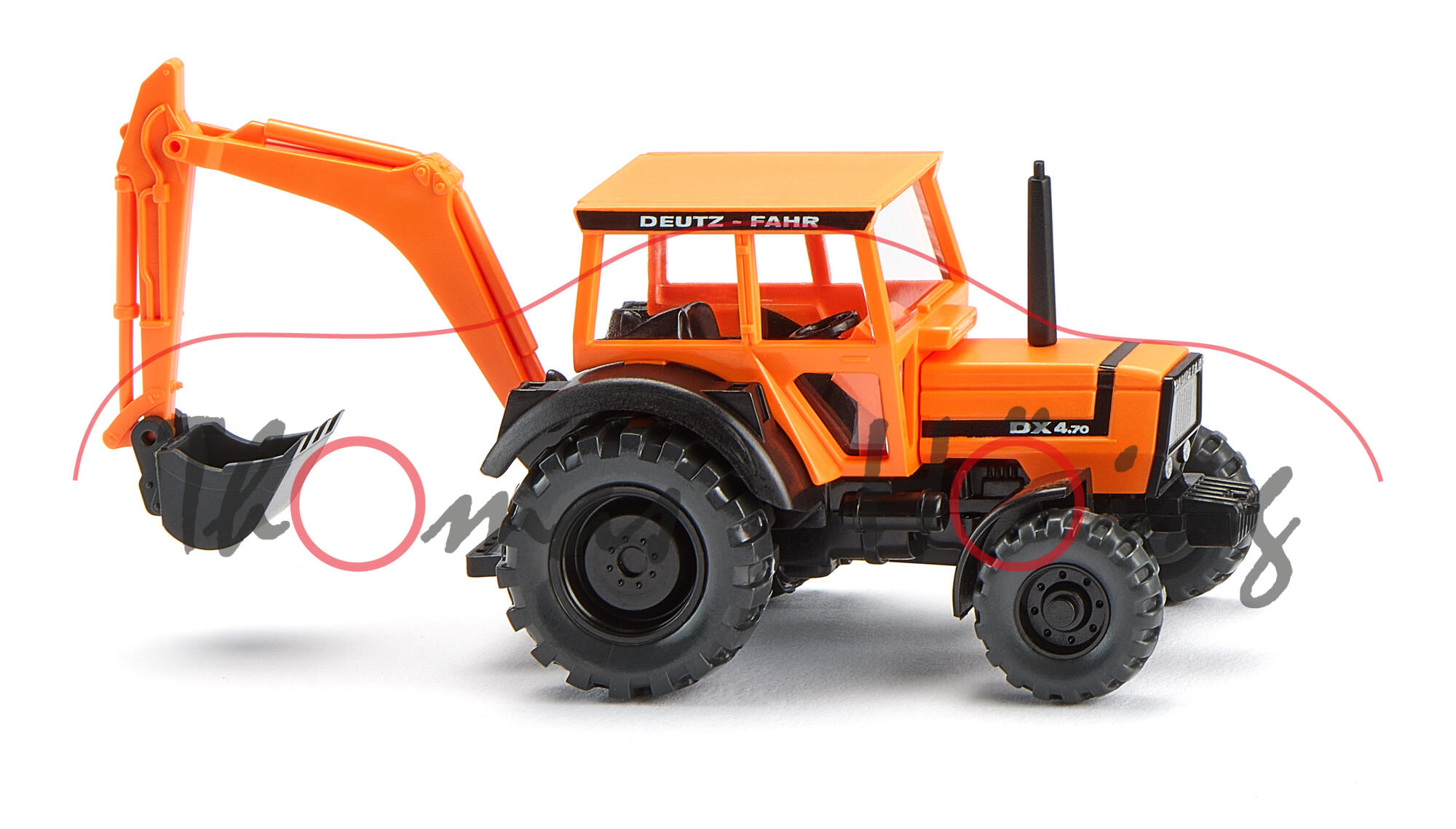 Deutz-Fahr DX 4.70 (2. Generation DX-Reihe, Modell 1983-1989) mit Heckbagger und Tieflöffel, pastellorange, Wiking, 1:87, mb