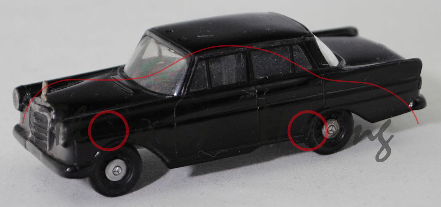 00003 Mercedes-Benz 190 c (W 110, kleine Heckflosse, Modell 1961-1963) Taxi, schwarz, Chassis hell-blaugrau, Siku, 1:61 (Taxi-Schild weg)