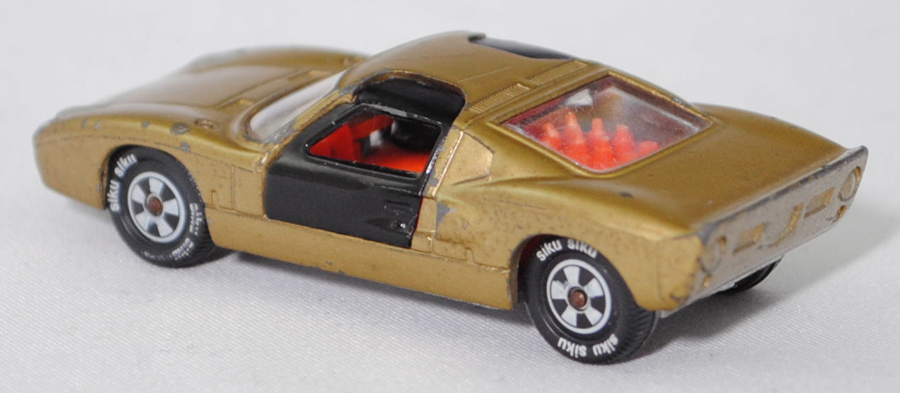 00003 Ford GT40 (Mk I bzw. Mark 1, Modell 1965-1967), Karosserie goldmetallic, Türen schwarz, Bpr. V 296 / Germ, Verglasung klar, R10 weiß, SIKU SUPER, 1:57, m-