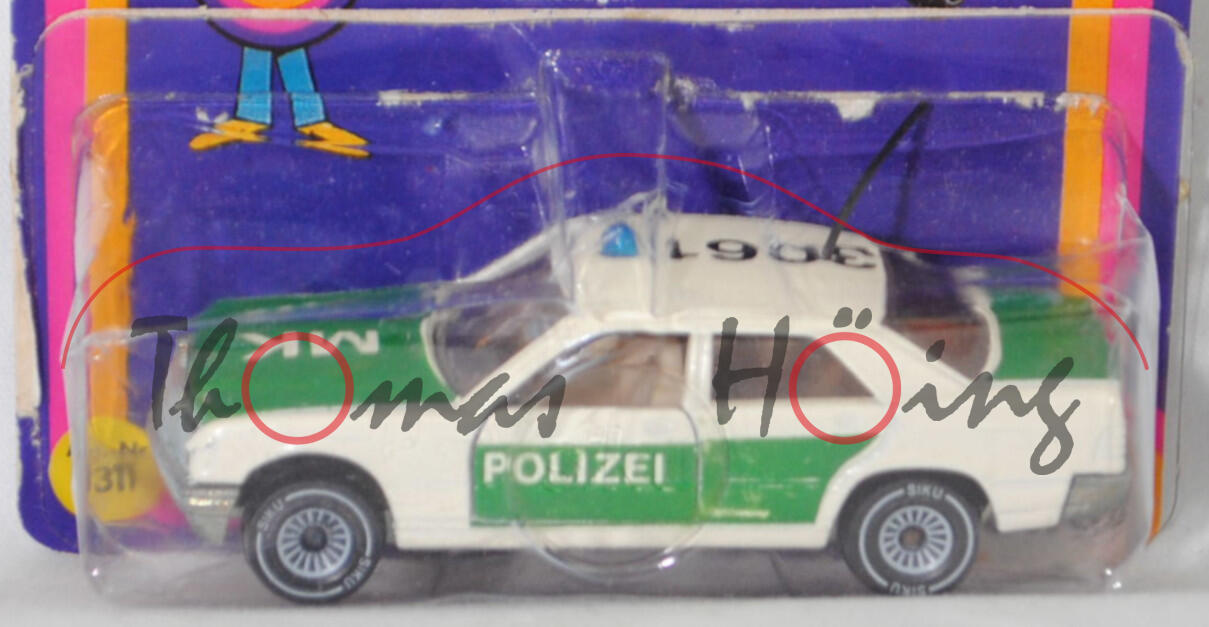 00001 Mercedes-Benz 190 E (W 201, Mod. 82-88) Peterwagen, weiß, POLIZEI / MK / 3061, Kühlergrill mit Waben, Verglasung rauch, SIKU, 1:55, P18 war offen