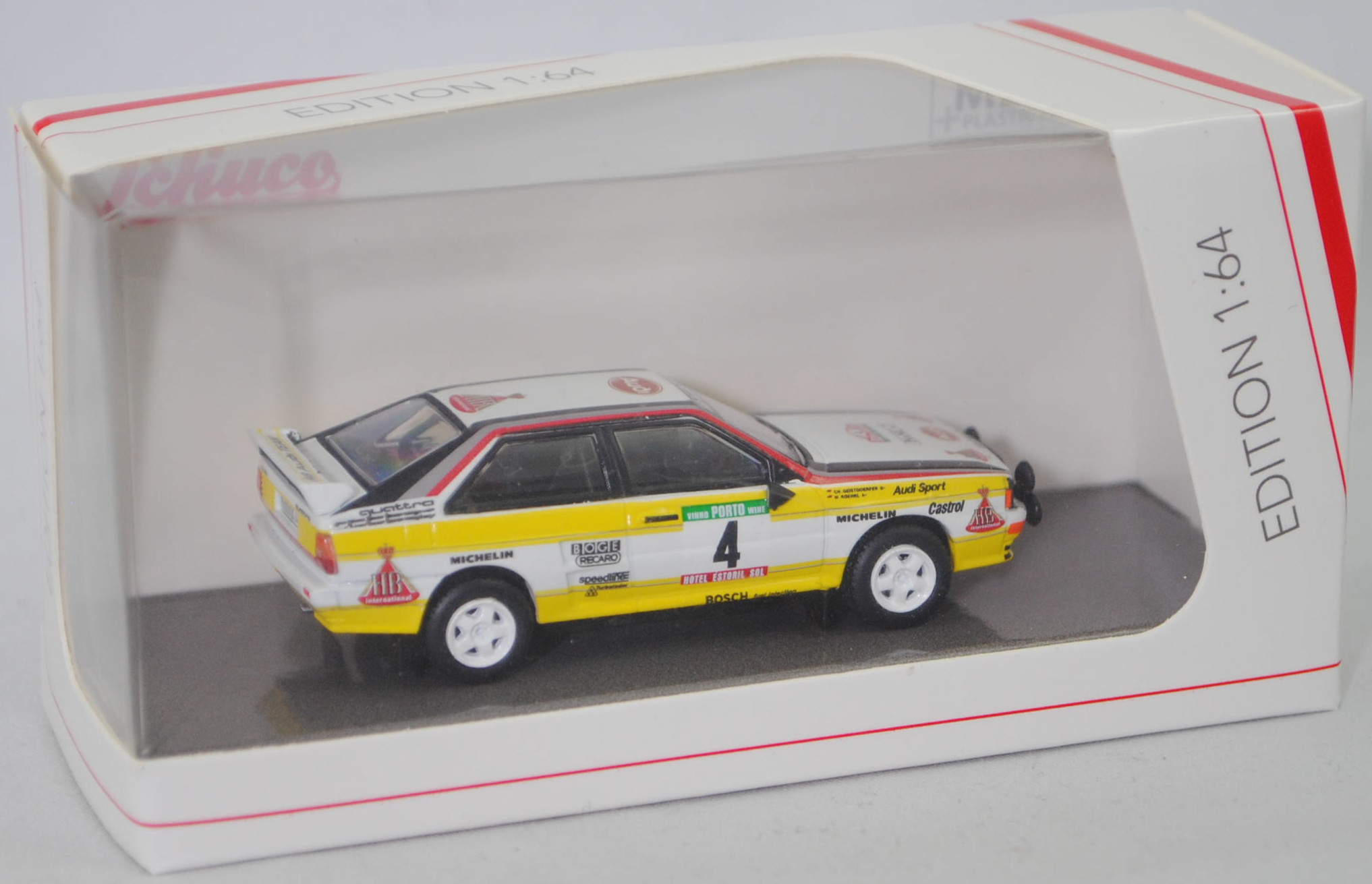 Audi quattro A2 Gruppe B (R1, Homologationsnummer B-243, Modell 1983-1984), weiß, 18. Rallye Portugal 1984, Nr. 4, Walter Röhrl / Christian Geistdörfer, Schuco, 1:64, mb