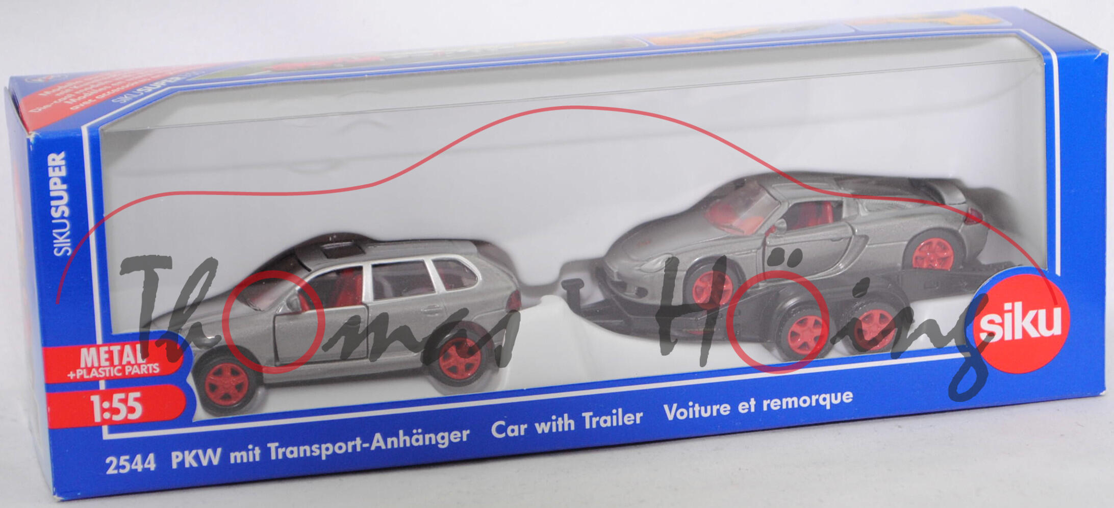 00004 Porsche Cayenne Turbo mit BÖCKMANN Autotransporter und Porsche Carrera GT, graualu, B19 rot + mattschwarz, B21 rot + graualu, B22a / B22b rot, SIKU, 1:55, L17mpK