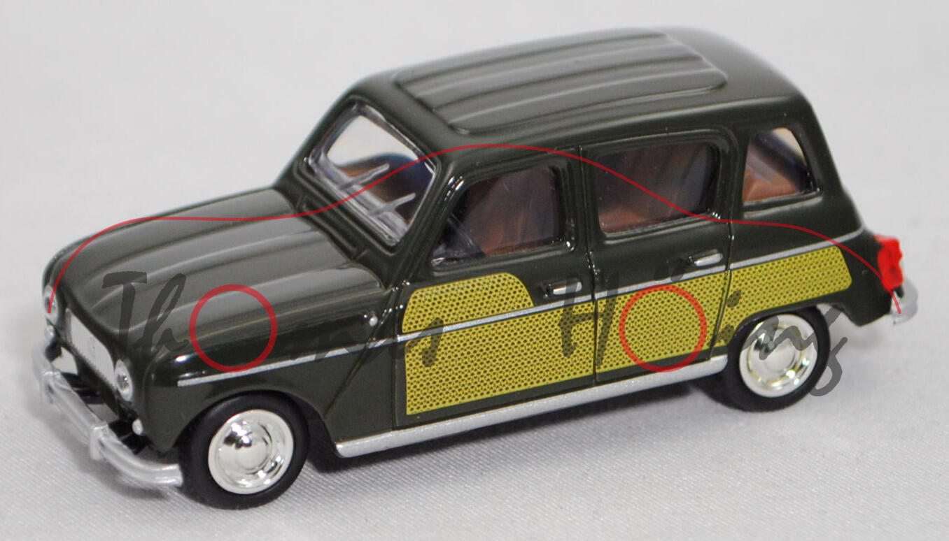 Renault 4L Parisienne (Typ 1123, Modell 1966-1967), chromoxydgrün, Muster gelb, Norev, 1:54, mb