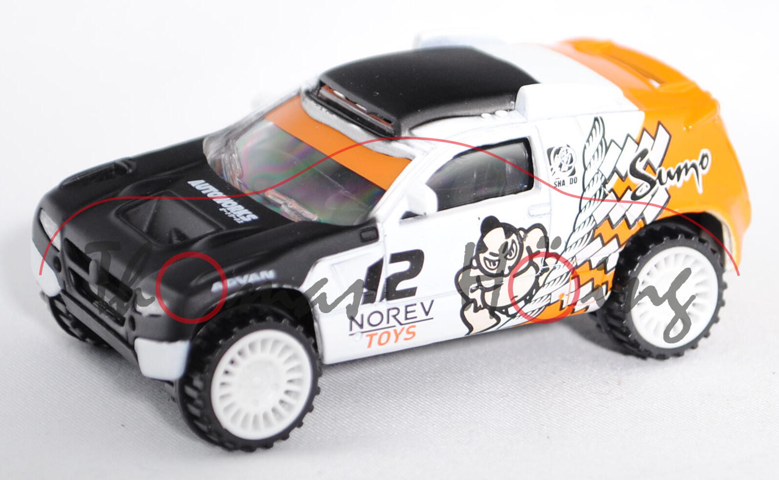 VW Race Touareg 3 (Modell 2010-2011), mattschwarz/reinweiß/hell-tieforange, Nr. 12, NOREV / TOYS / S