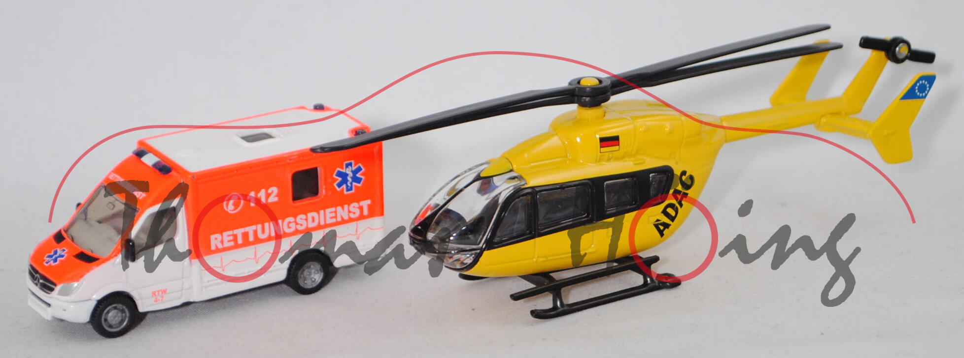 00002 Rettungsdienst-Set: Mercedes Sprinter und Hubschrauber, weiß/leuchtorange und gelb, L17mpK