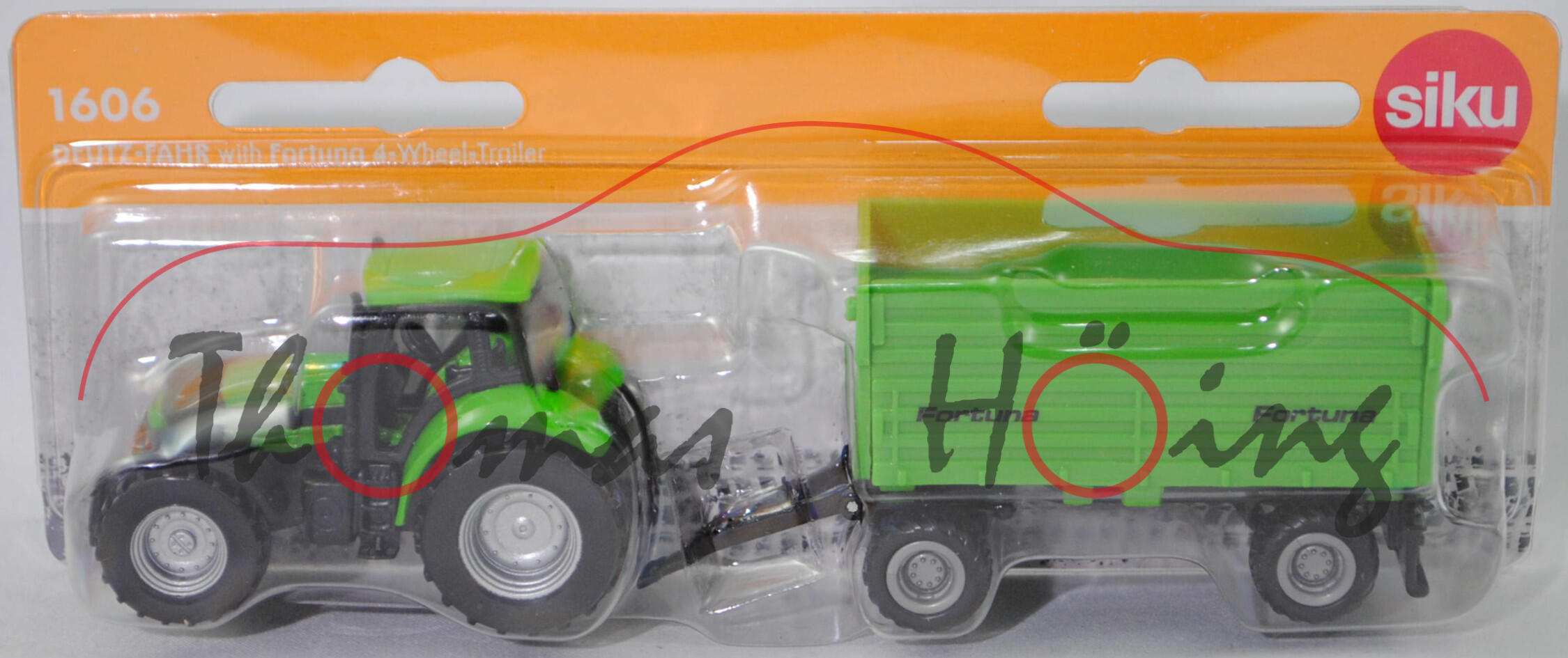 00000 DEUTZ-FAHR Agrotron 265 (Modell 2003-2007) mit Fortuna Zweiachs-Dreiseitenkipper K 180 / 5.2 (Modell 1983-), gelbgrün/schwarz, SIKU SUPER, P29f