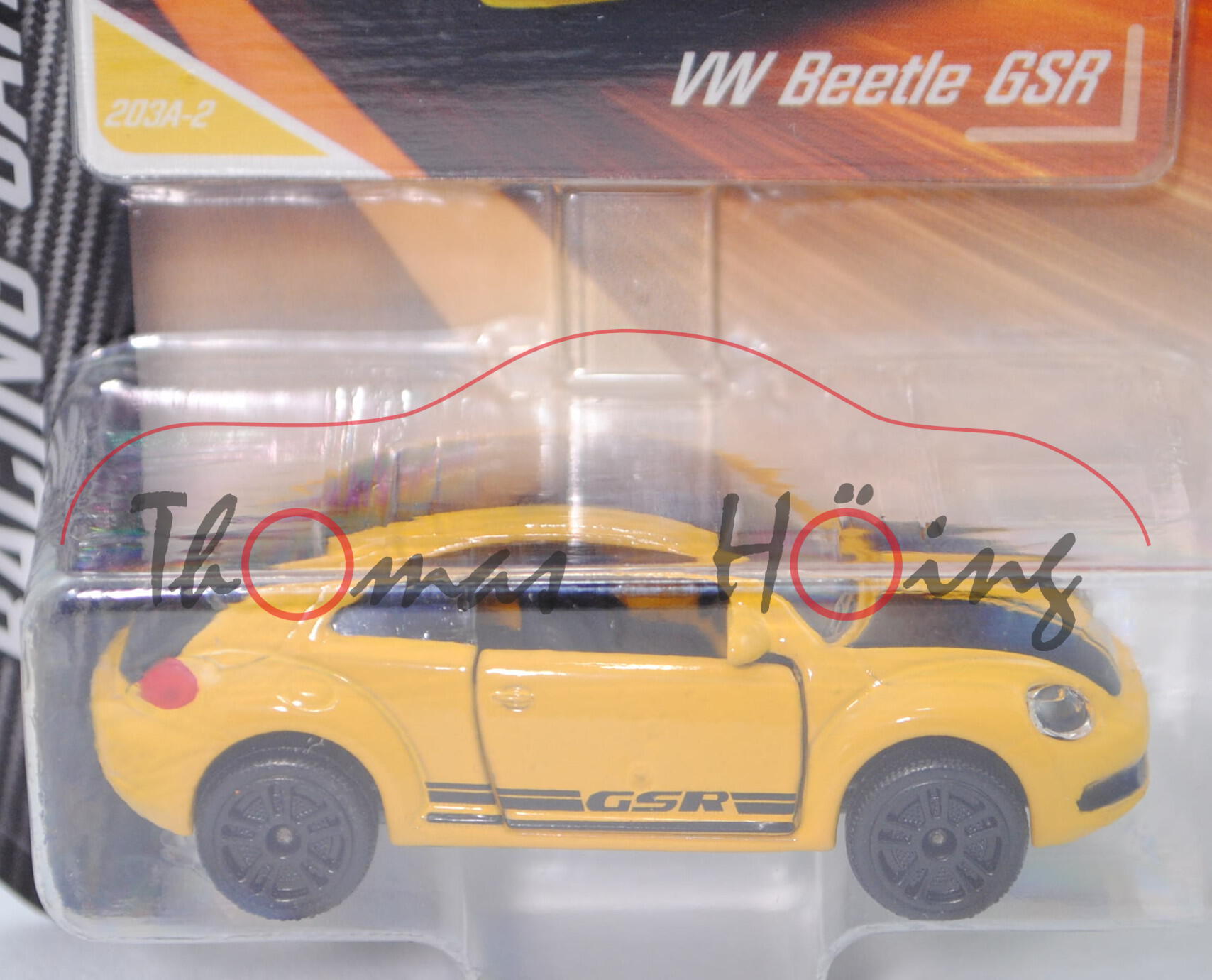 VW Beetle GSR (Typ 5C, Modell 2013-) (Nr. 203 A), gelb/schwarz, GSR, Nr. 203A-2, majorette, 1:60, mb