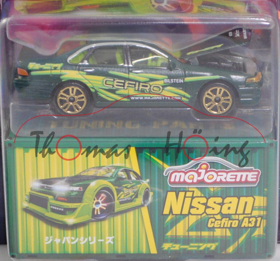 NISSAN Cefiro 2.5 A31 (ECA31, Modell 1988-1994), grün, Beilage: Tuning-Teile, majorette, 1:58, mb