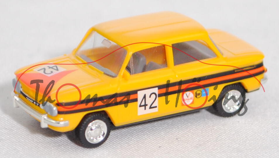 NSU TTS (Typ 67f, Mod. 67-71) Rallye, signalgelb, Nr. 42 auf Türen und Haube vorne, Busch, 1:87, mb