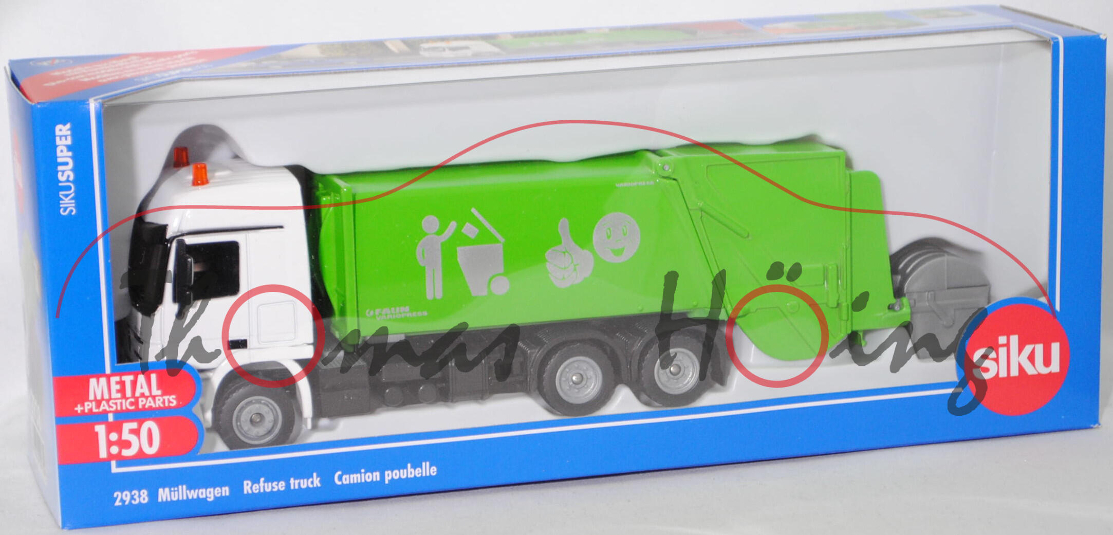 00005 Mercedes-Benz Actros L 2648 (MP3, Modell 2008-2011) Abfallsammelfahrzeug, weiß/grün, unlackierter Sonnenschutz, SIKU, 1:50, L17mpK (Modell in weiß/grün)