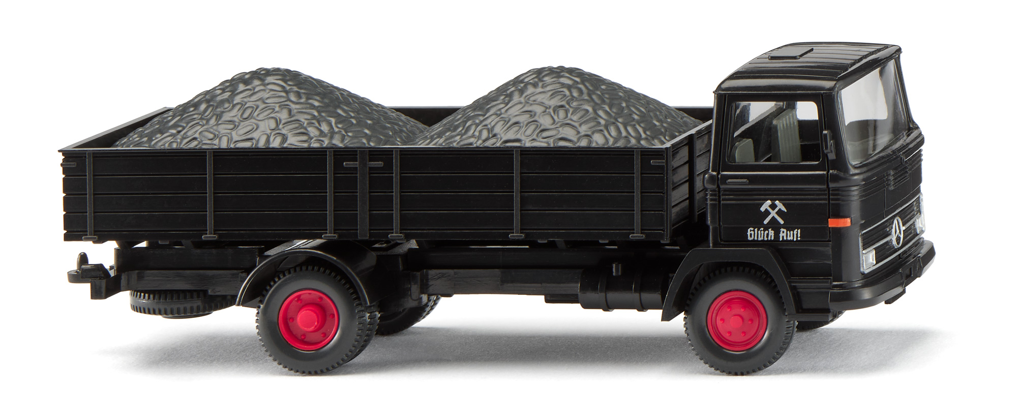 Mercedes-Benz LP 1317 (1. Generation, Typ Kubische Kabine mittelschwer, Modell 1965-1975, Baujahr 1965) Pritschen LKW, schwarz, Glück Auf!-Logo, Wiking, 1:87, mb