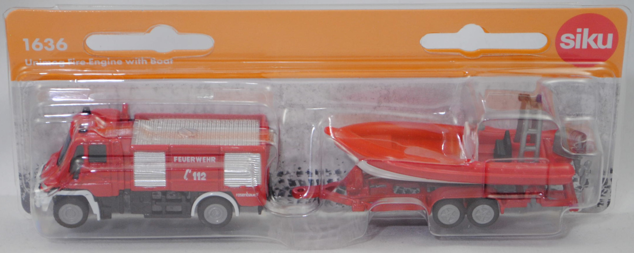 00006 Mercedes-Benz Unimog U 500 (Mod. 01-06) Feuerwehr TLF mit Anhänger und Mehrzweckboot MZB 72/AB (Mod. 05-), rot, FEUERWEHR / C 112 / rosenbauer, SIKU SUPER, P29f