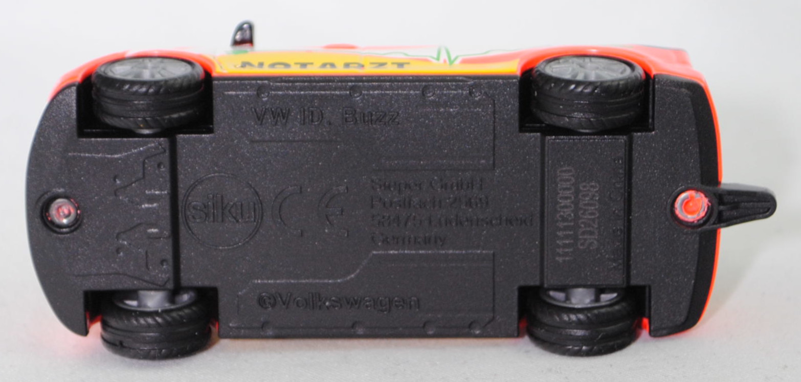 00000 VW ID. Buzz Cargo (1. Generation, interne Baureihenbezeichnung EBN, Modell 2022-) Krankenwagen, Karosserie reinweiß, C 112 / NOTARZT, SIKU SUPER, 1:61, P29f