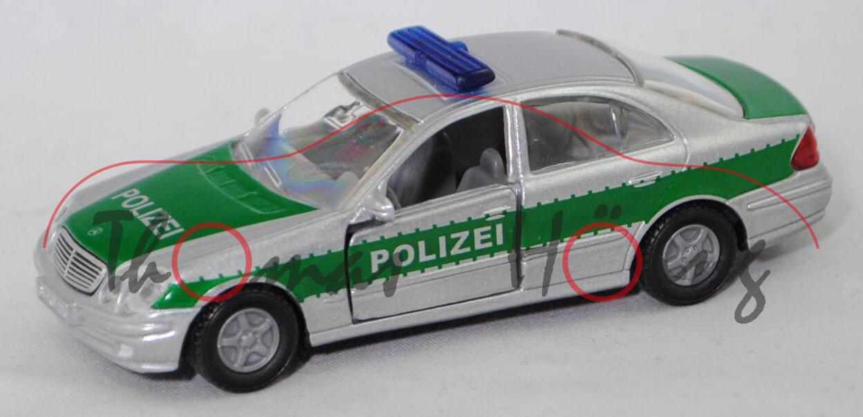 00005 Mercedes-Benz E 500 (W 211, Mod. 02-06) Polizei-Einsatzfahrzeug, weißaluminiummet., flache Blaulichtleiste, ohne Prägung 3. Bremsleuchte, B13, SIKU, 1:55