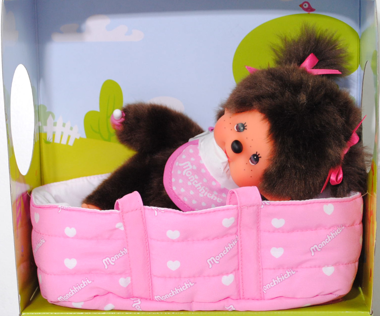 Monchhichi Girl in COT (Mädchen im Kinderbett), 20 cm groß, Sekiguchi (EAN 4905610204069)