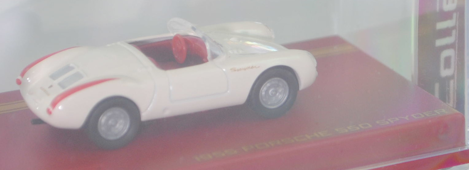 Porsche 550 Spyder (1. Generation, auch Porsche 1500 RS genannt, Modell 1954-1956), cremeweiß, innen purpurrot, majorette, 1:64, PC-Box im Blister (Collection)