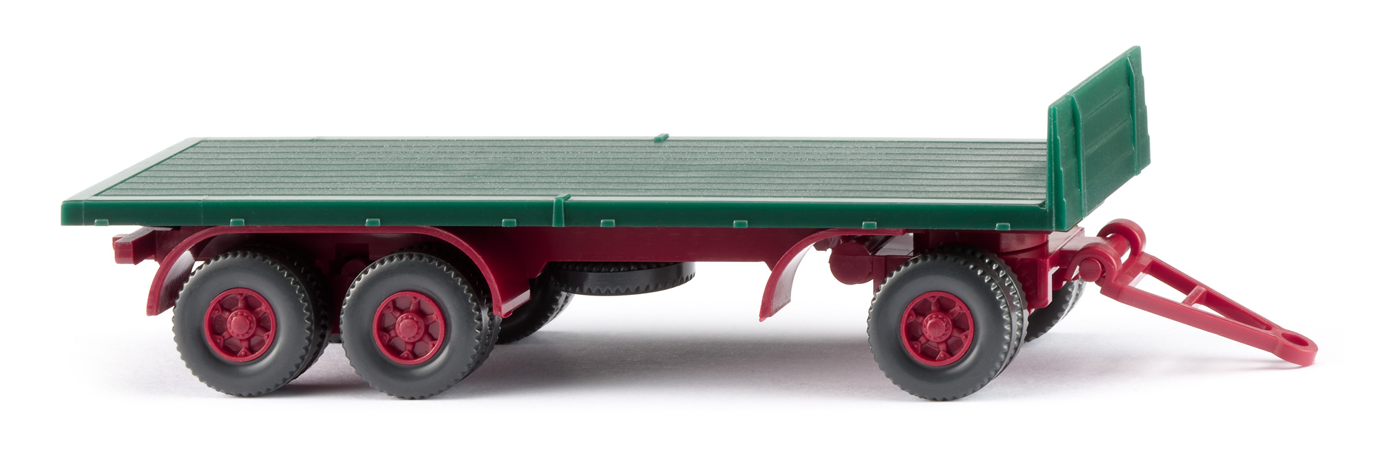 Flachpritschen-Anhänger (Typ 3-Achs-Anhänger mit Drehschemel, Modell 1962-1978), moosgrün, Fahrgestell purpurrot, Felgen purpurrot, Wiking, 1:87, mb