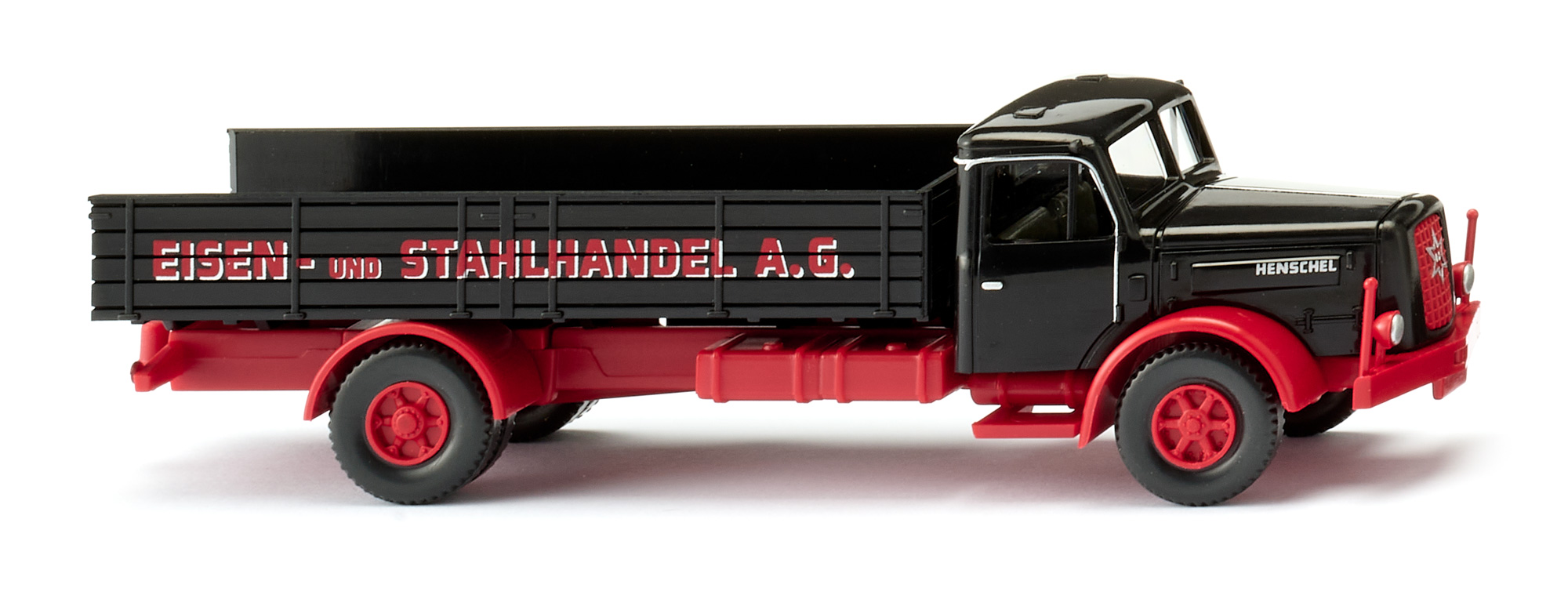 HENSCHEL HS 140 4x2 (2. Generation, Modell 1955-1961) Pritschen-LKW, Fahrerhaus und Motorhaube schwarz, EISEN- UND STAHLHANDEL A.G., Wiking, 1:87, mb
