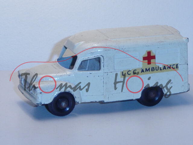 Bedford Lomas Ambulance, weiß, Chassis schwarz, rotes Kreuz und LCC AMBULANCE auf den Seiten, Hecktü