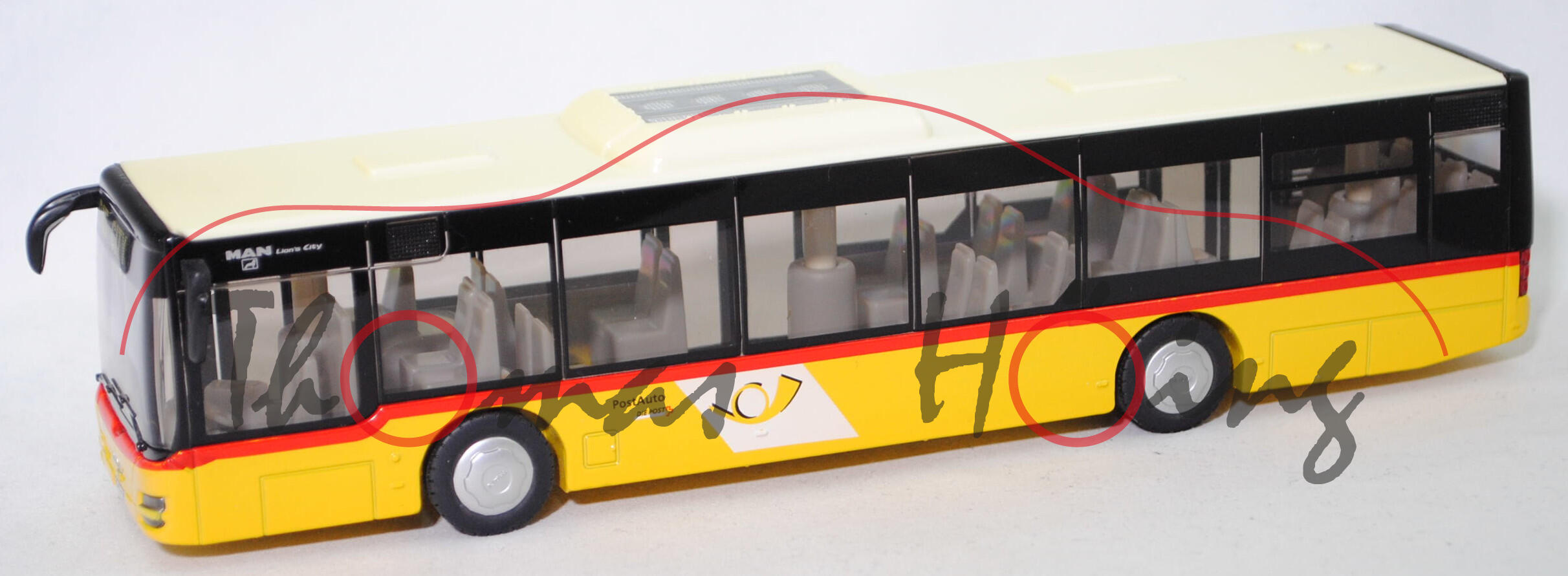 03901 CH MAN Lion's City Solobus (Mod. 04-09), weiß/gelb, PostAuto / DIE POST und CarPostal / LA POSTE, Bpr. ohne Firmenadresse, SIKU, 1:50, L17mK