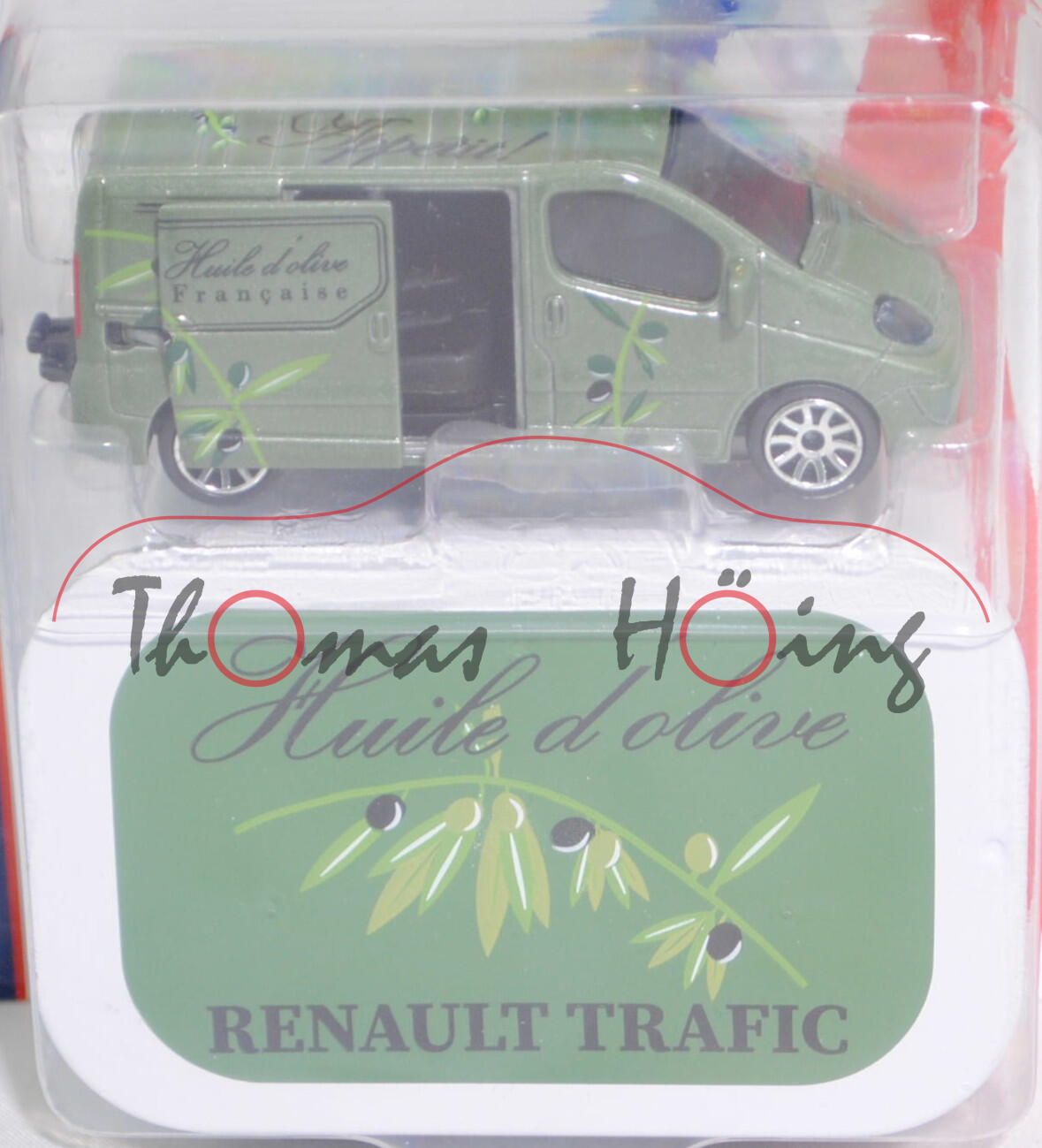 Renault Trafic II Kastenwagen (Mod. 06-14), d.-resedagrünmet., Huile d'olive/Francaise, majorette, 1:64, Blister