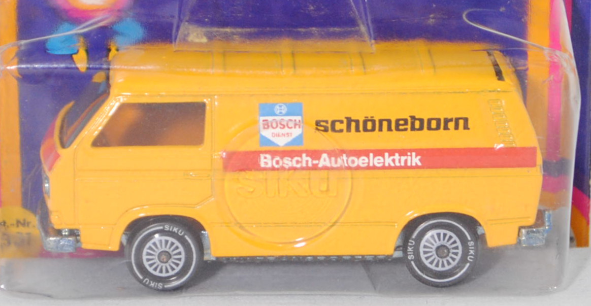 VW Transporter Kastenwagen (Typ 2 Transporter 3 (T3, Modell '80), Modell 1979-1982), hell-signalgelb, BOSCH / DIENST / Bosch-Autoelektrik / schöneborn, SIKU, 1:60, P18