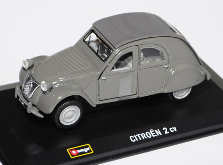 Citroen 2CV (Modell 1949-1954, Baujahr 1952), moosgrau, innen grau, Türen zu öffnen, Bburago Street 