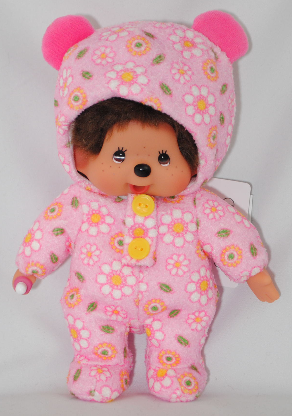 Monchhichi Rompers Rosa (Monchhichi im bedruckten rosa Strampler), 20 cm groß, Sekiguchi (Limited Edition) (EAN 4905610204946)