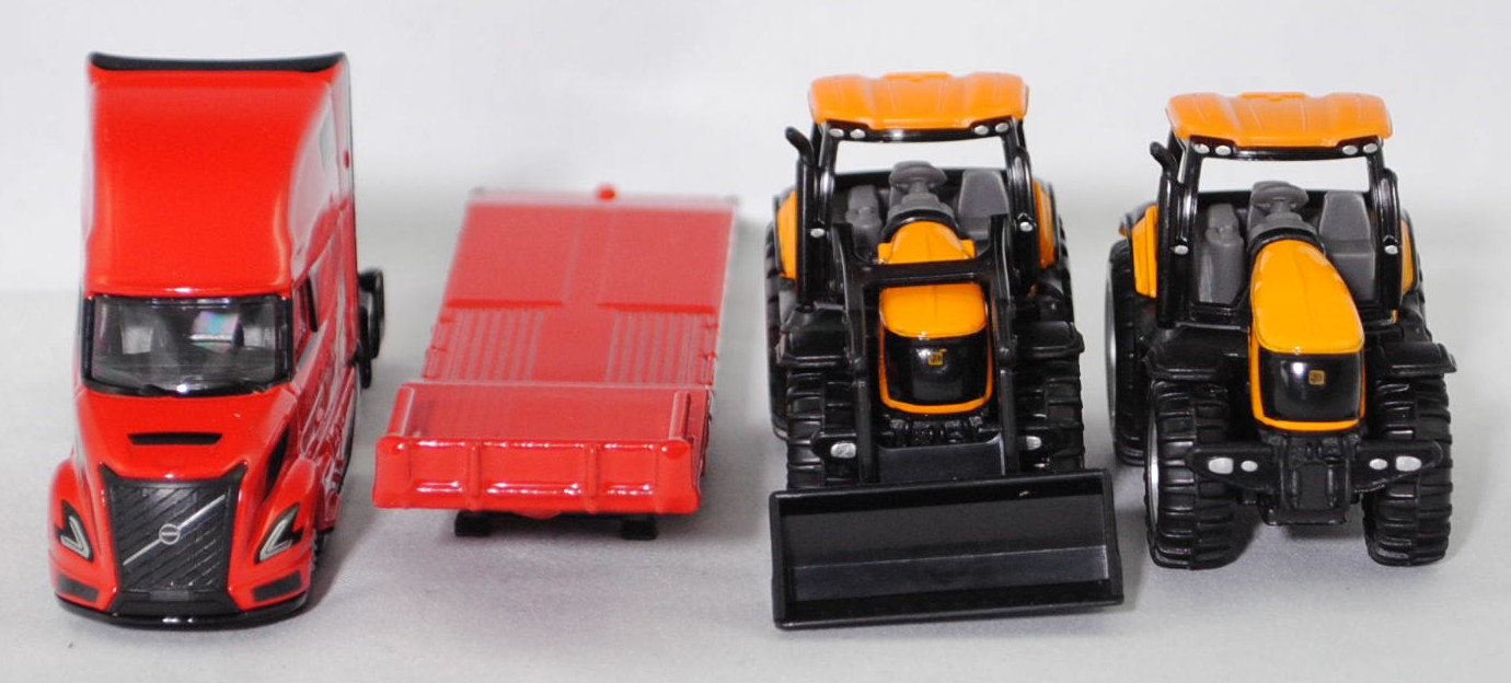 00000 Volvo VNL 860 (2. Generation, Modell 2024-) und Tieflader mit Ladegut JCB® 8250 V-TRONIC FASTRAC, rot/schwarz und melonengelb/schwarz, SIKU SUPER 1:87, L17mpK