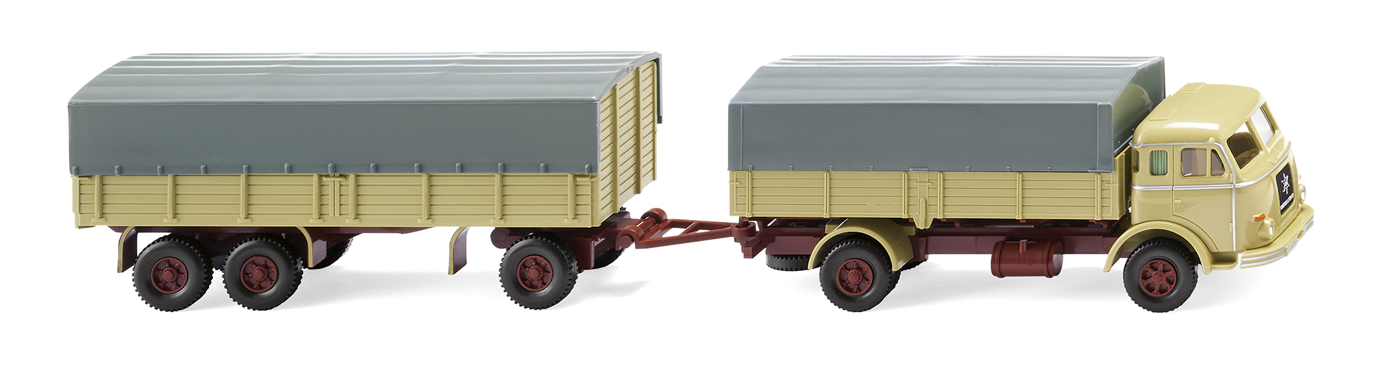 Henschel HS 165 T (Typ Frontlenker, Modell 55-61) Pritschenhängerzug, grünbeige, Wiking, 1:87, mb