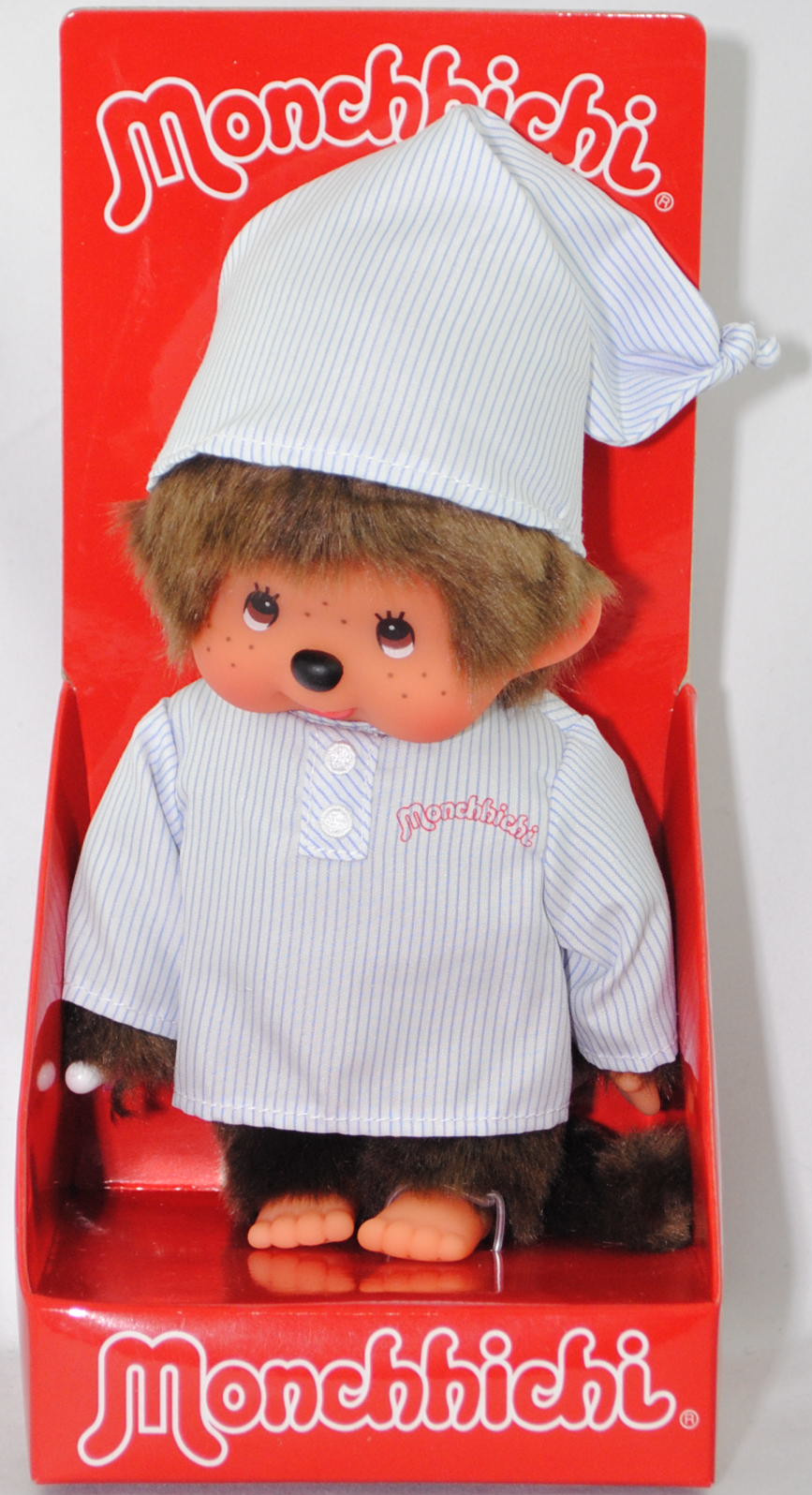 Monchhichi Stripe Pajama Boy (Monchhichi Junge mit Streifen-Pyjama), 20 cm groß, Sekiguchi (Limited Edition) (EAN 4905610242122)
