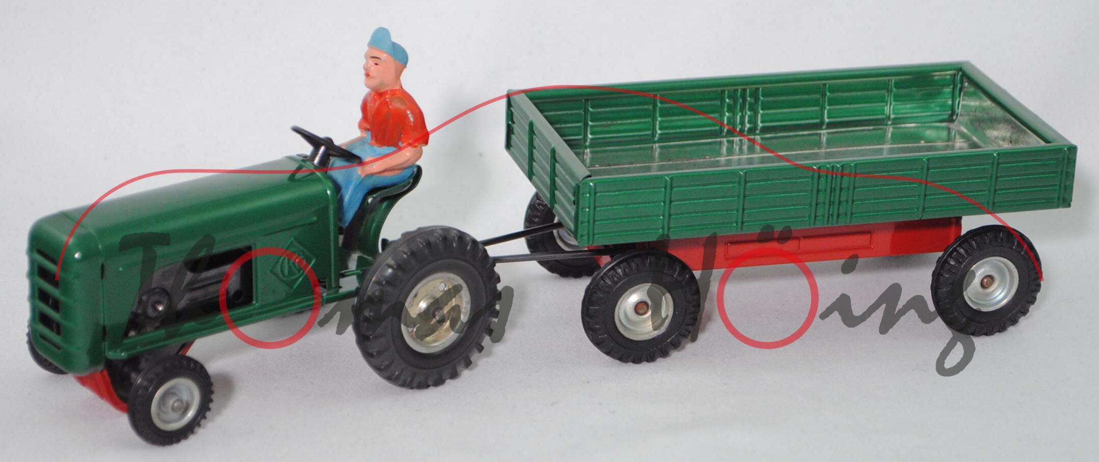 Traktor mit Anhänger, grün/rot, mit Friktionsmotor, Zubehör: Traktorfahrer, CKO Kellermann, 1:50, mb