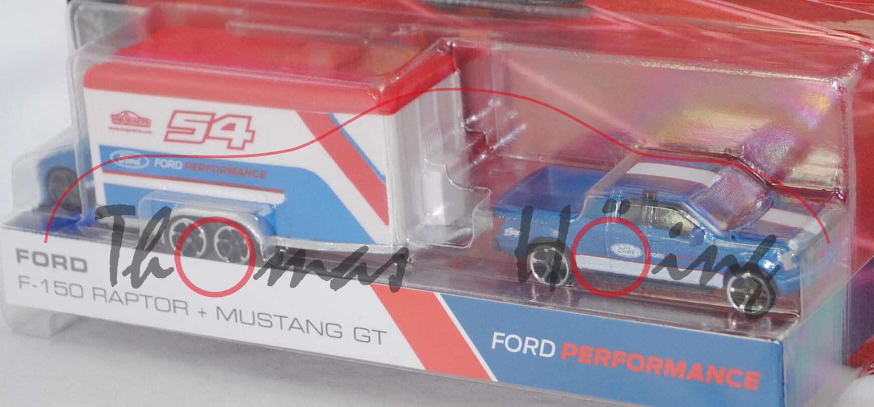 Set Majorette 1:64 Ford F-150 Raptor + Mustang GT Avec Remorque De Course Bleue - 2023 Neuf