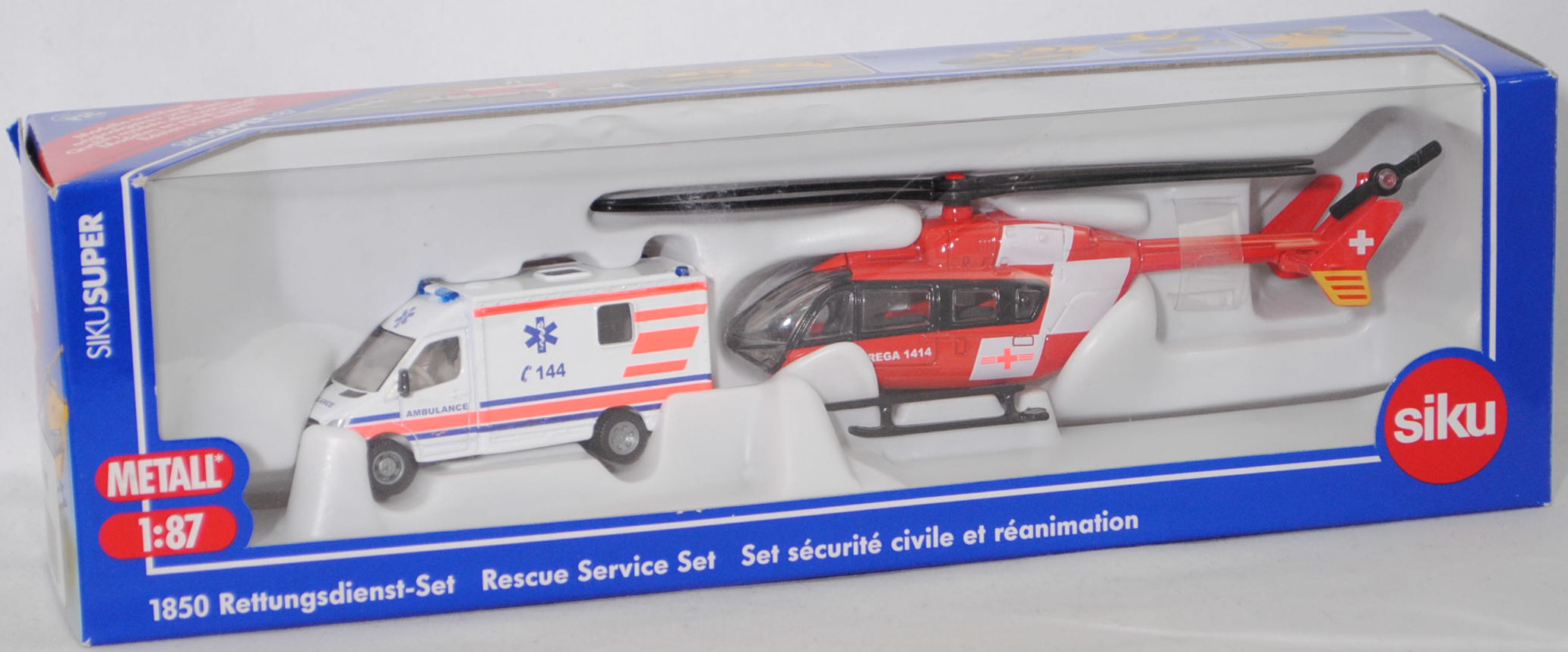 03901 / 00186 CHF-Rettungsdienst-Set: RTW Mercedes-Benz Sprinter II und Eurocopter EC 145 Hubschrauber, RTW: AMBULANCE / C 144; Hubschrauber: REGA 1414, SIKU, 1:87, L17mK