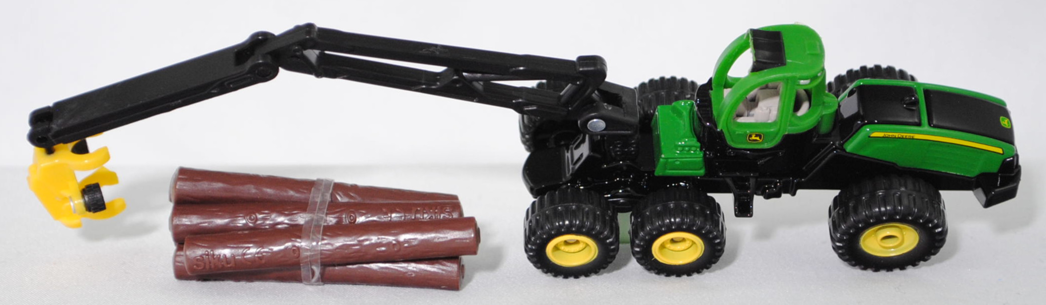 00000 John Deere 6-Rad-Harvester 1470E (Modell 2009-2013), hell-smaradgrün/schwarz, Zubehör: 6 Baumstämme in mahagonibraun, SIKU SUPER, 1:87, P29f