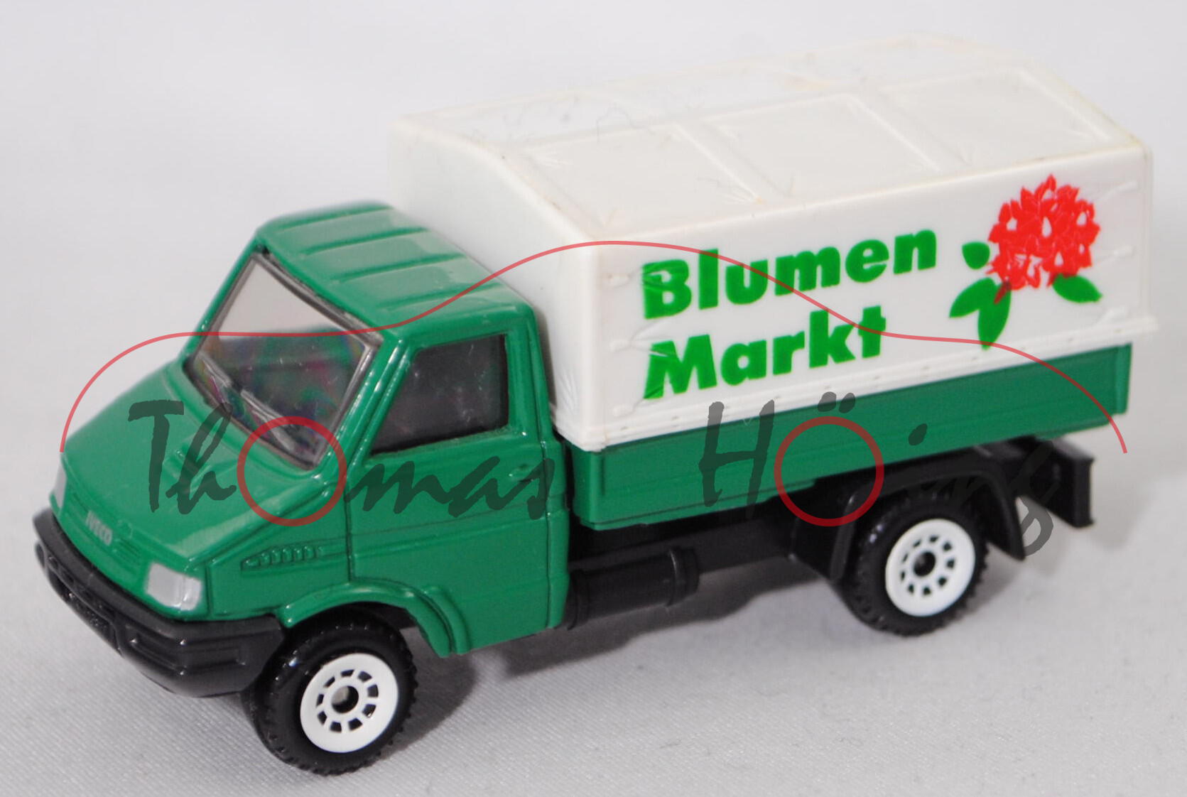 00001 IVECO TurboDaily (Mod. 90-96) Kleinlastwagen, türkisgrün, Blumen/Markt, SIKU, Plane vergilbt