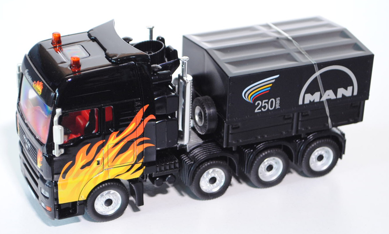 MAN TGA Schwertransporter, schwarz, 250 years MAN, blackline flames design by siku, Werbeschachtel (