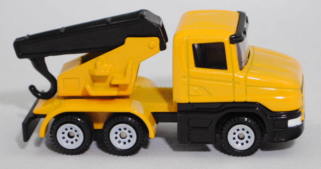 00002 Scania T114GB 6x4 NZ 340 (Serie 4, Fahrerhaustyp CT14, Modell 1995-1998) Abschleppwagen, gelb, Ausleger mit Abschlepphaken schwarz, C1 weiß, SIKU SUPER, 1:86, m