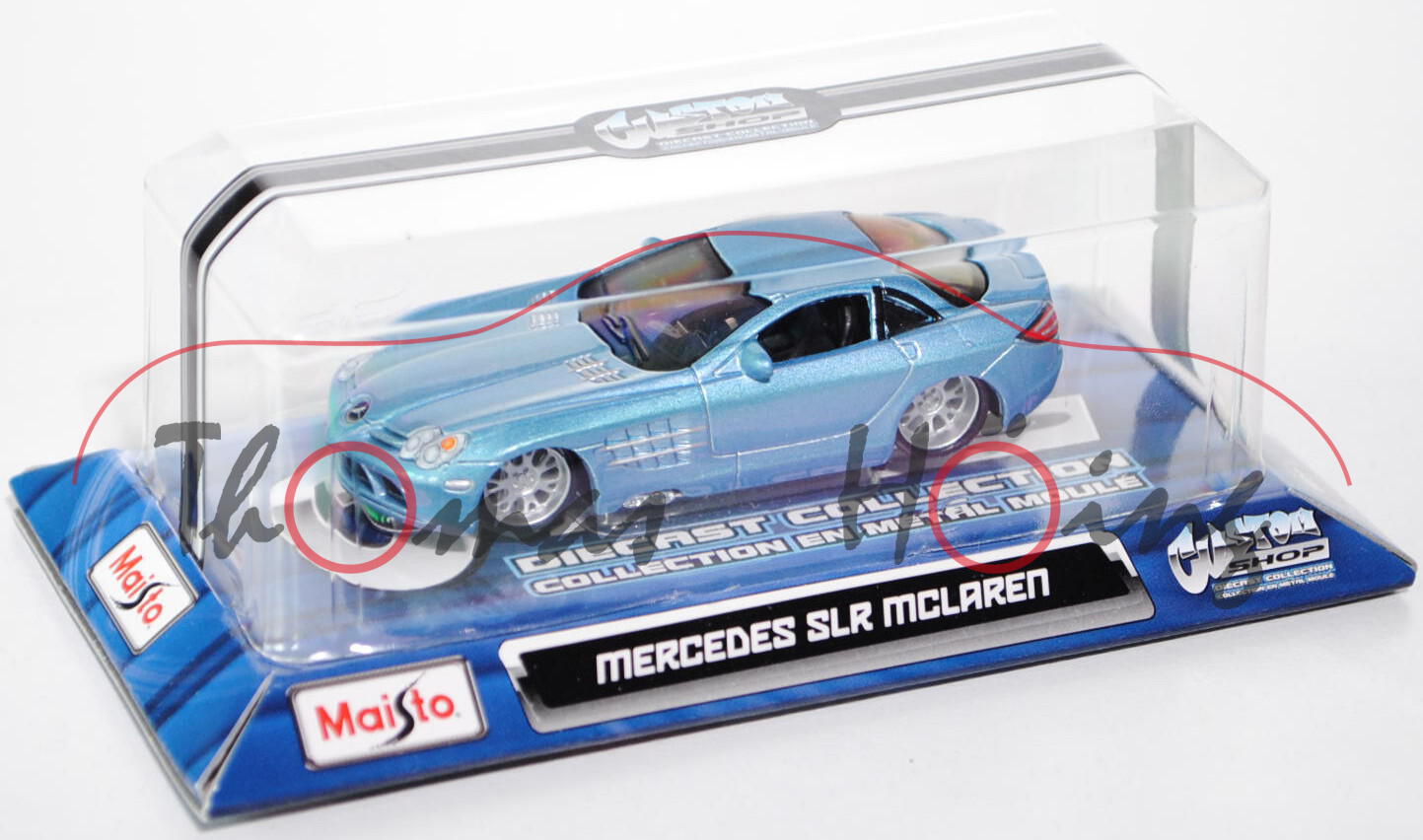 Mercedes-Benz SLR McLaren (Baureihe C199), Modell 2004-2009, pastellblaumetallic, innen schwarz, Mai