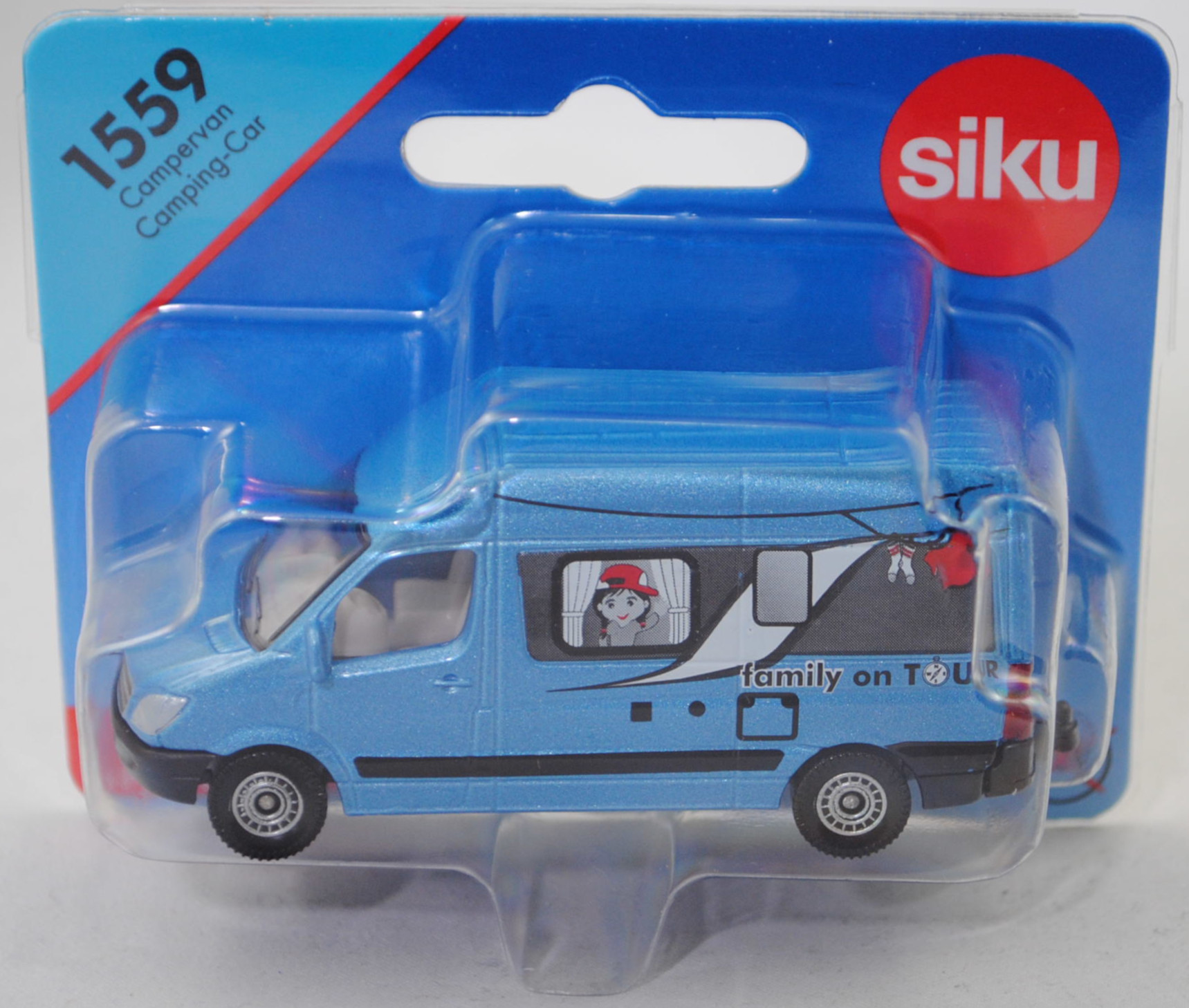 00000 Mercedes-Benz Sprinter II (NCV 3, W 906, Typ Standard L2H2, Modell 2006-2009) Campervan, hell-brillantblaumetallic, family on TOUR, SIKU, 1:77, P29e