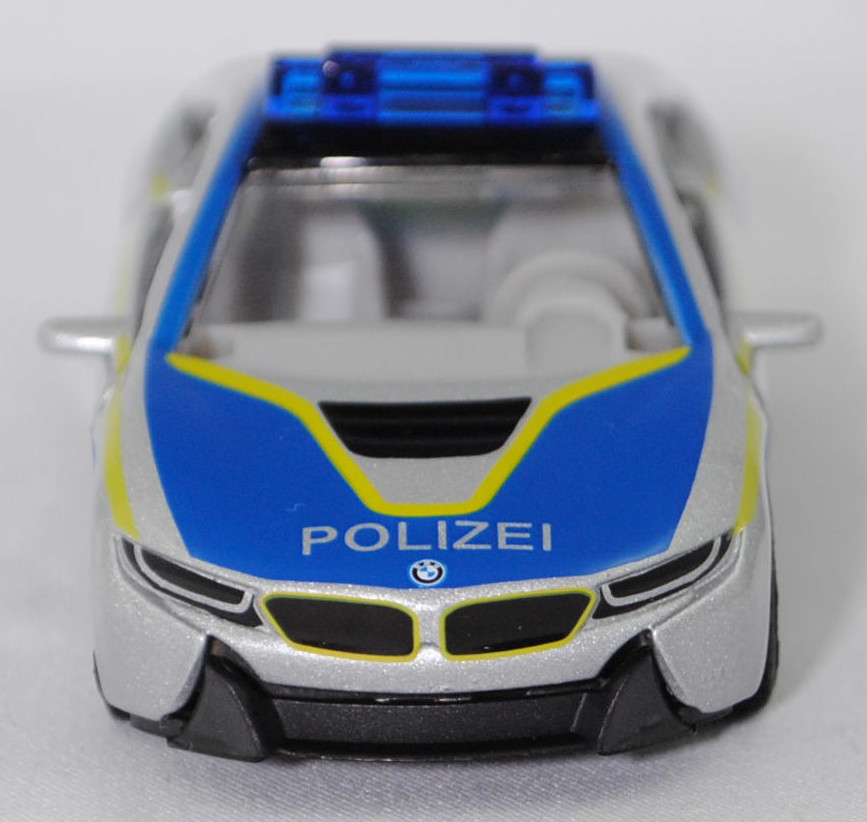 00001 BMW i8 Coupé LCI (1. Generation, I12, Facelift 2018, Modell 2018-2020) Polizei, silber, POLIZEI, Streifen in schwefelgelb/hell-signalblau, SIKU SUPER, 1:50, L17mpK