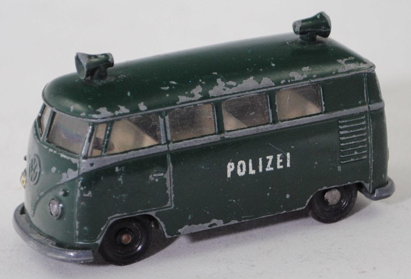 00000 VW Transporter Kombi 1200 (Typ 2 T1, Modell 1961-1962) Polizei-Lautsprecherwagen, grün, innen weiß, Lenkrad schwarz, R1 mit gesilberter Radkappe, SIKU, 1:61, vsc