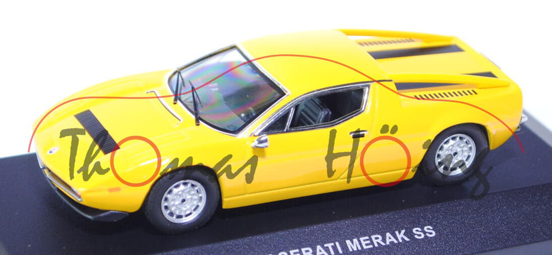 Maserati Merak SS, Modell 1975-1982, Baujahr 1977, verkehrsgelb, IXO MODELS®, 1:43, PC-Box