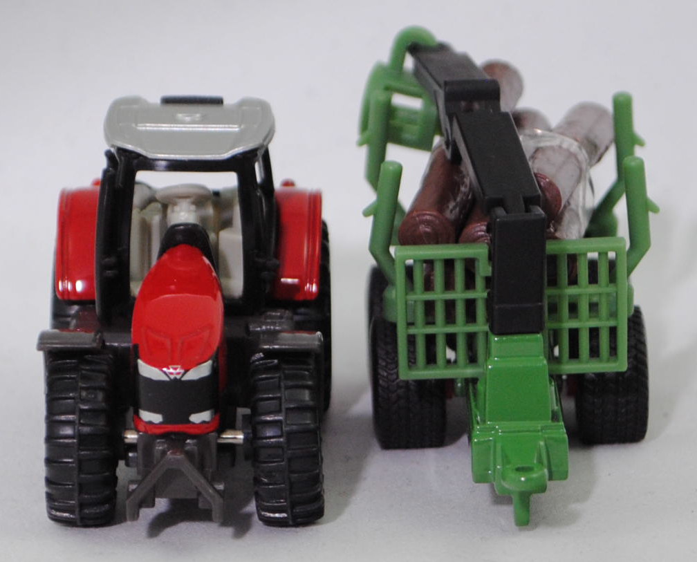 00000 Massey Ferguson MF 8737 Dyna-VT Efficient (Modell 2014-2017) Traktor und Forstanhänger mit Zwei-Achs-Fahrgestell, karminrot und hell-grasgrün, SIKU SUPER, P29f