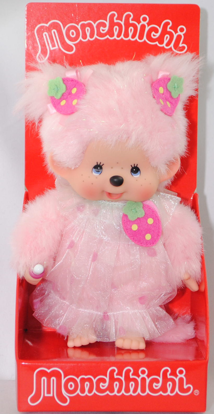 Monchhichi Pink Strawberry Heart Girl (Monchhichi Mädchen im rosa Erdbeerherz-Kleid), 20 cm groß, Sekiguchi (Limited Edition) (EAN 4905610203987)