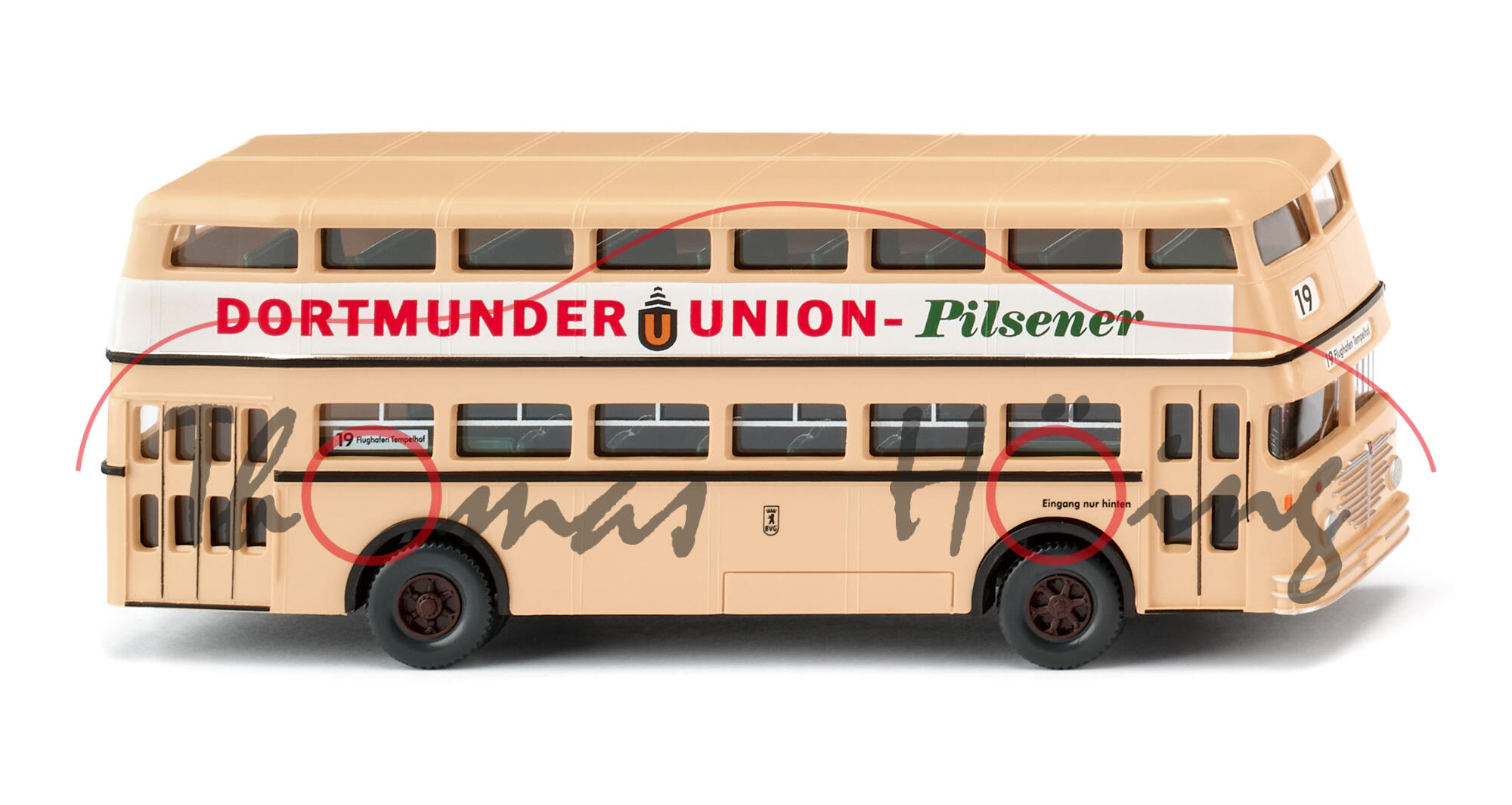 Büssing Doppeldeckerbus D2U (Modell 1951-1964), beige, DORTMUNDER UNION-Pilsener / BVG-Logo, Wiking, 1:87, mb